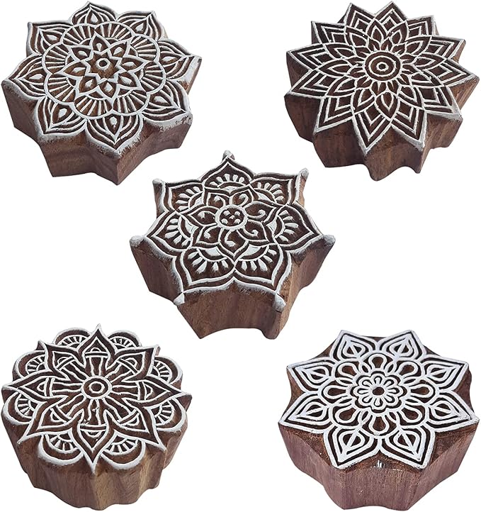 Royal Kraft Mandala Wooden Printing Stamps (Set of 5) - DIY Henna Fabric Textile Paper Clay Pottery Blocks Htag2209
