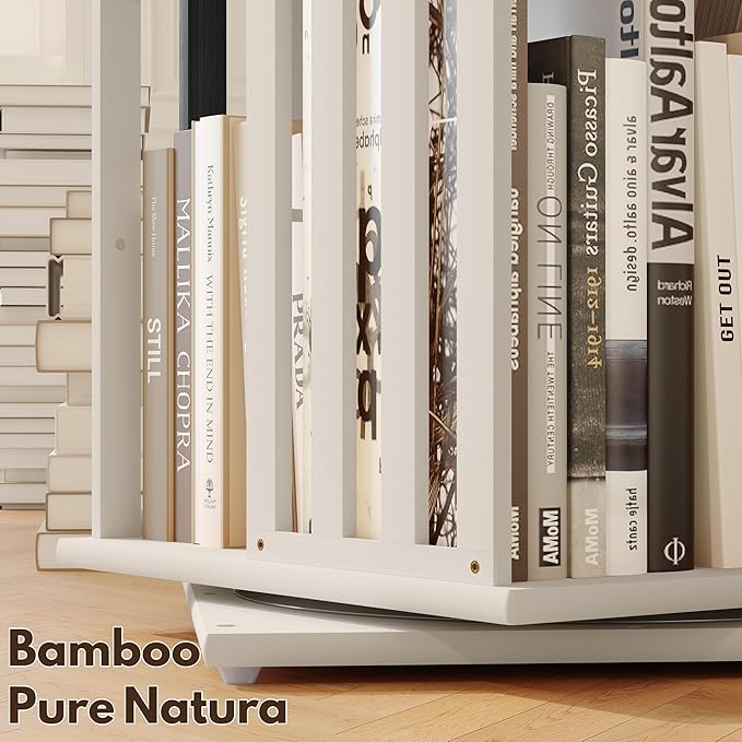 YOWOS Rotating Bookshelf Tower, 360 Display Spinning Bookcase, Bamboo Bookshelf Floor Standing Storage Rack, Wood Narrow Book Shelf Organizer for Kids&Adults (White, 2 Tier)