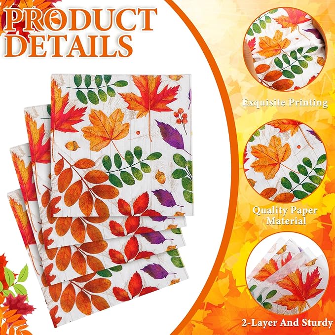 60 Pcs Fall Leaves Cocktail Paper Napkins 6.5 x 6.5 Inches Disposable Paper Napkins Dessert Beverage Napkin for Decoupage Luncheon Napkin for Party Wedding Birthday Party
