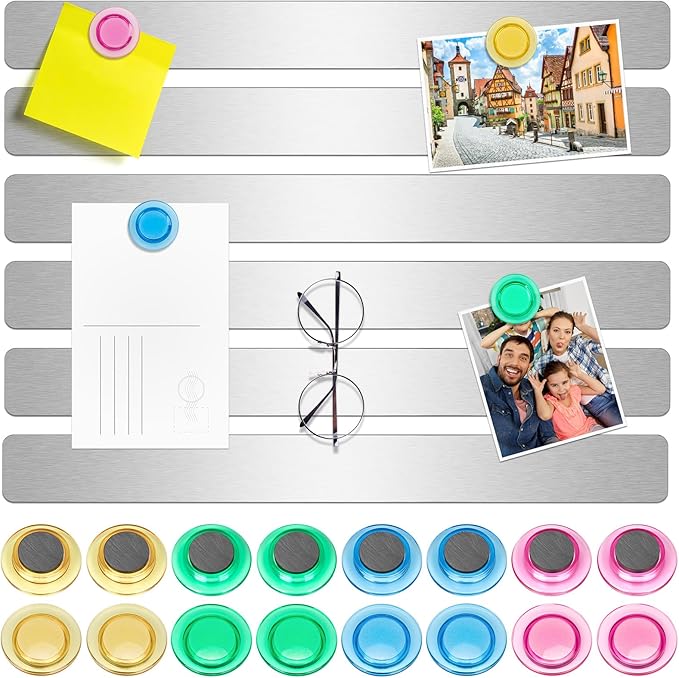 Wukong 8 Pack | 30x3cm(11.81 x 1.18) Magnetic Stainless Silver Boards Strips, Adhesive Backing Bulletin Bar Board, Memo Board with 32Pcs Colorful Magnets for Office, Home, Photo Wall, Documents