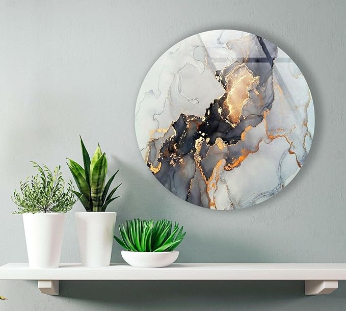 My Photostation.com 15.8''(40cm) Diameter Gold Details Gray Marble Round Glass Wall Art Tempered Glass Printing Wall Decor Large Wall Art Wall Hangings