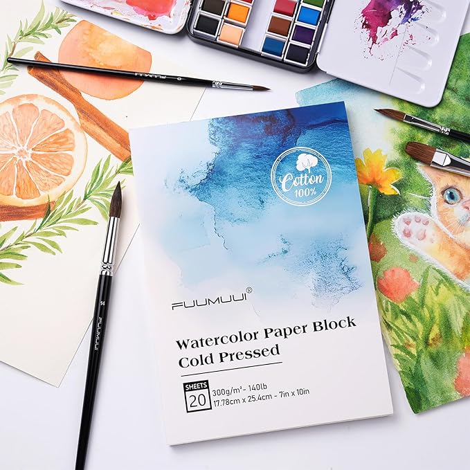 Watercolor Paper Block 7x10 Inch, Fuumuui 100% Cotton Paper Pad, 20 Sheets, Cold Pressed, Acid-Free, 140 lb/300gsm for Painting, Drawing, Art Journaling, Professional Artist Quality