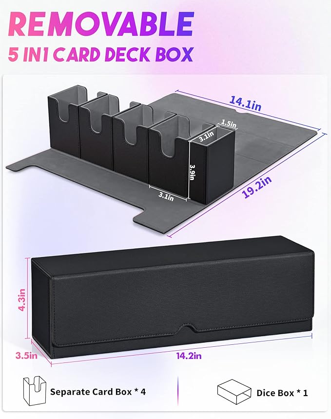 Card Deck Box with Dice Tray for MTG, 5 in 1 Card Deck Case Holds 800+ Unsleeved Cards, Strong Magnet Organizer Compatible with Yugioh TCG Sports Cards (Black)