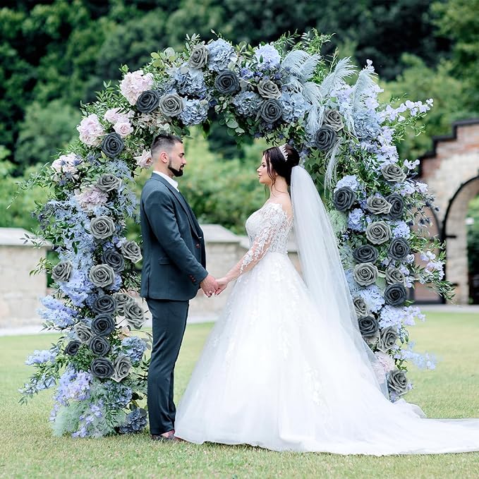 Artificial Flowers Foam Fake Roses 25pcs Series Blue Colors Roses with Stems for Home Decor DIY Wedding Bouquets Party Bridal Shower Centerpieces Faux Flower Arrangements Tables Decorations