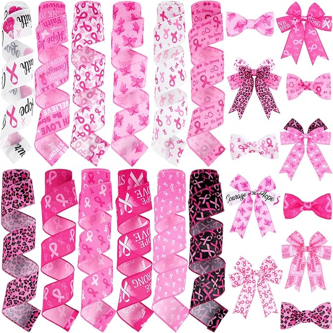 12 Rolls 60 Yards Breast Cancer Awareness Wired Edge Ribbon Pink Butterfly Patterned Ribbon Faith Hope Love Bow Making Craft Wrapping for Women Gift Wrapping Activities Home Accessories Decor