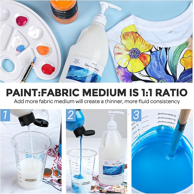 Nicpro Professional Effects Fabric Medium, 33.8oz Bottle with Pump, Fabric Painting Acrylic Fluid Medium, Improves Acrylic Paint Adhesion to Fabrics, Textiles for DIY Clothing, T-shirts, Shoes Jeans Bags