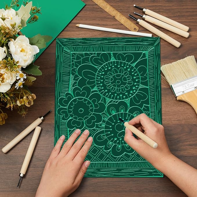 Yeaqee 8 Pcs Linoleum Block Rubber Carving Block Soft Linocut Blocks Large Linoleum Sheet Unmounted Lino Plates for Engraving Art Project Printmaking Artist Studio Supplies (9 x 12 Inch,Green)