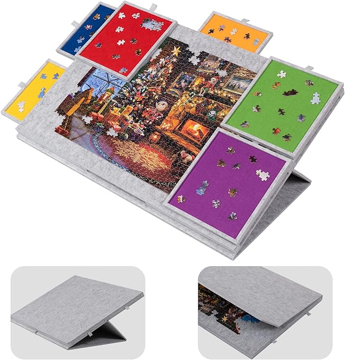 Lavievert 1500 Piece Tilting Puzzle Board with 2-in-1 Designed Stand & Cover, Lightweight Felt Mat Plateau with 6 Colored Drawers, Portable Jigsaw Puzzle Table with Storage for Adults (Light Gray)