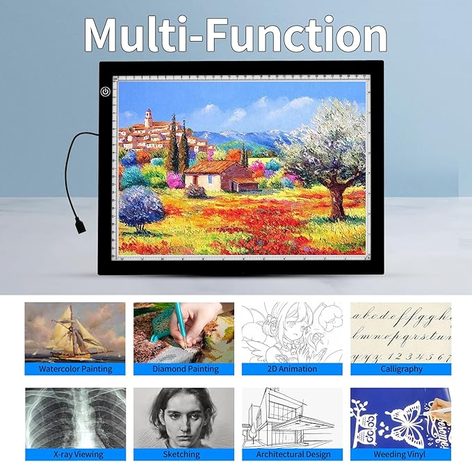 A4 Light Pad with Foldable Stand, UL Certified Adapter, 8000 Lux Super Bright Ultra Thin Pad for Cricut Weeding Vinyl, Artist Drawing Light Box/Board/Table for Tracing, Sketching - Black
