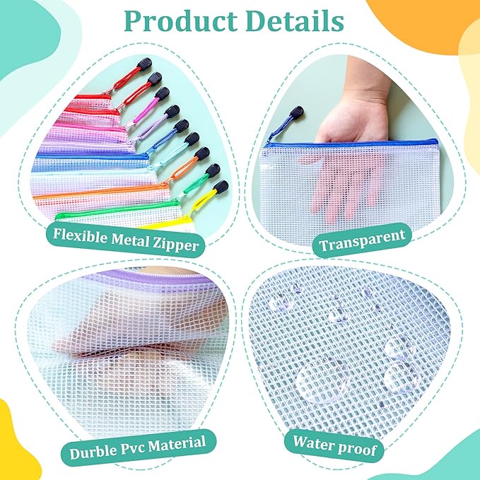 9pcs Mesh Zipper Pouch Bags, A3 Sizes, 9 Colors, Board Game Storage, Travel, School, Office Organize
