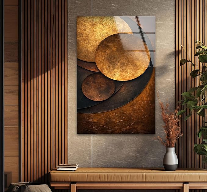 My Photostation.com 18Wx28H'' Bronze Art Deco Geometric Motifs Glass Wall Art Tempered Glass Printing Wall Decor Large Wall Art Wall Hangings