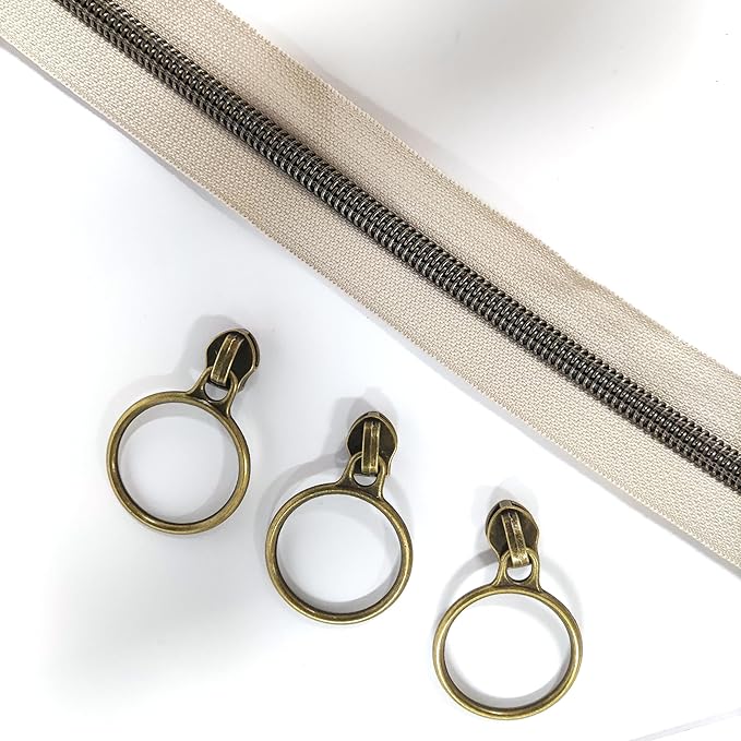 Leekayer #5 Antique Brass Metallic Nylon Coil Zippers by The Yard Bulk 10 Yards Beige Zipper Tape with 25pcs Antique Brass Ring Pull Sliders for DIY Sewing Tailor Craft Bag(Beige)