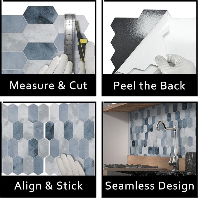 The Tiles Plaza 10-Sheet Peel and Stick Backsplash, Blue Cement Long Hexagon Self Adhesive Wall Tile, Stone Composite Stick On Decorative Mosaic Tile for Kitchen Bathroom Fireplace