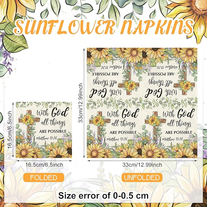 60 Pcs Sunflower Christian Cocktail Paper Napkins 6.5 x 6.5 Inches Disposable Paper Napkins Dessert Beverage Tissue for Decoupage Luncheon Tissue for Theme Party Wedding Birthday Party