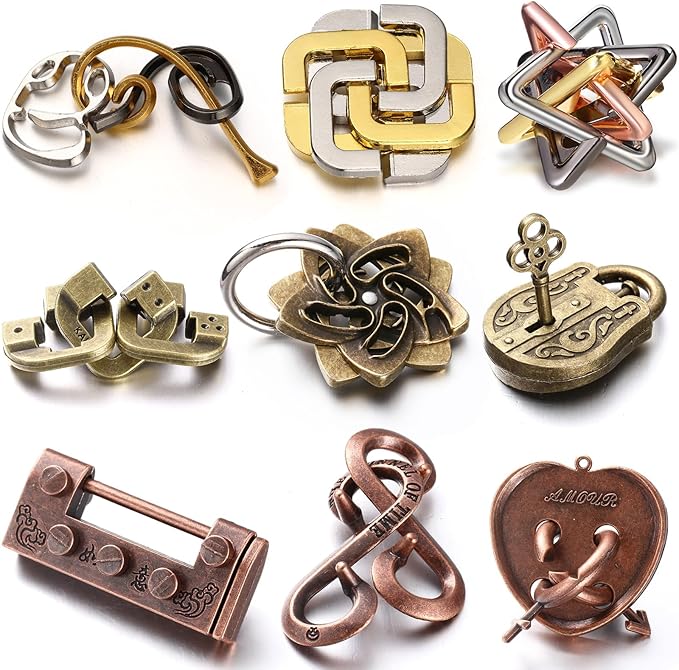 Wettarn 9 Pcs Metal Brain Teaser Puzzles Teaser 3D Steel Puzzle for Adults Unlock Interlocking Games IQ Education Smart Logic Test Toys for Adults Mind Challenge(Fun Style)