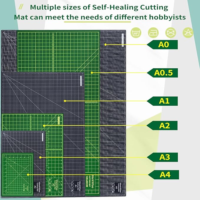 Thickness-Upgraded 9" x 12" Self Healing Sewing Mat, WerkWise Rotary Cutting Mat, Double Sided 5-Ply 9x12 Inch Cutting Board for Quilting, Fabric, & Crafts, Use with Rotary Cutters (Green & Black)