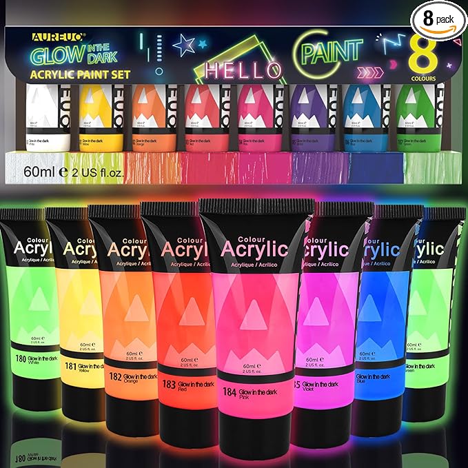 AUREUO Glow in the Dark Acrylic Paint, 8 Colors x 2 Fl Oz / 60ml Neon UV Black Light Paints for Halloween, Rocks, Wood, Craft, Canvas, Paint Party Supplies