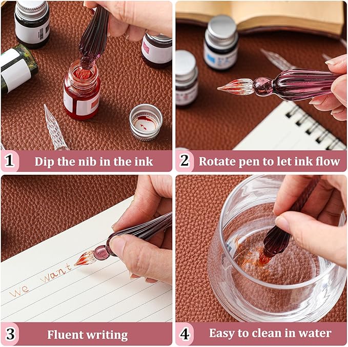 Zonon Glass Dipped Pen Ink Set 14 Pcs Include 6 Pcs Glass Dip Pen, 6 Colorful India Ink and 2 Holder Crystal Signature Calligraphy for Art, Writing, Signatures, Gift (Purple Pink Color System)