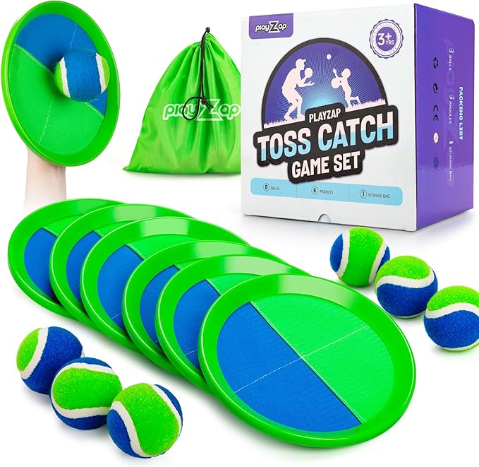 PlayZap Toss and Catch Ball Set Upgraded - Kids Baseball Toys Sturdy PVC for Family Games - Water-Resistant Great for Beach Pool Yard Outdoor - Gift for 3 4 5 6 7 8 9 10 11 12+ Years Old Boys Girls