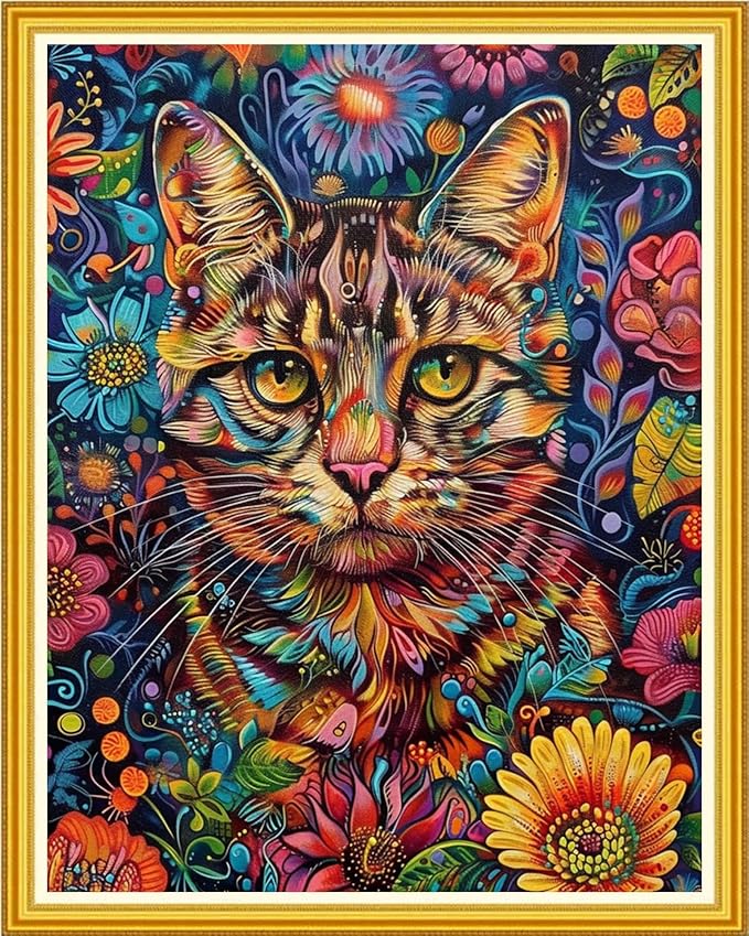 Magxvouy Cross Stitch Kits Stamped Full Range of Embroidery Kits,Cross Stitch Patterns Needlework Kits for Beginners 11CT Printed Kits&Colorful Flower Cat 16x20 inch