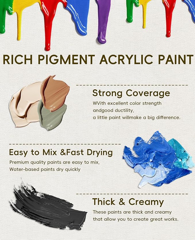36 Colors Acrylic Paint Set, Yeeart Acrylic Paint, 2oz Bottles, Rich Pigmented Canvas Paint with Extra Metallic Color, Professional Craft Paint Kit, Premium Non-toxic Paints for Artists, Acrylic Paint Set for Kids & Adults, Art Supplies for Canvas Pain...