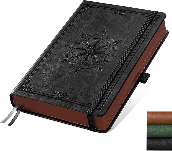 AHGXG Thick Journal Dotted Notebook for Men - 320 Numbered Pages A5 Notebook for Writing, 100gsm Dot Paper, Vintage Leather Hardcover, for Women Work Office School, 5.75'' X 8.38''- Black