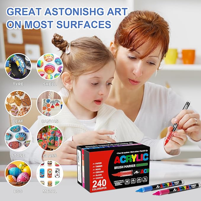 DICEKOO 240 Colors Acrylic Paint Markers, Soft Brush Tip Pens with Automatic Ink Control System, Waterproof, Quick-Drying, Lightfast, for Rock Painting, Canvas, Wood, Egg & DIY Crafts Art Supplies