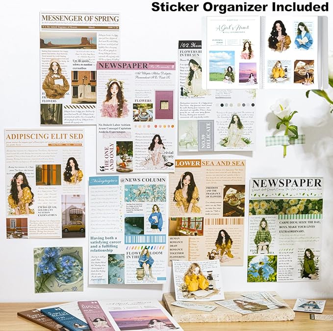 6Pcs Girl Sticker Book Set, Pre-Cut Scrapbook Kits for Journal Supplies DIY Crafting Planner, with Organizer