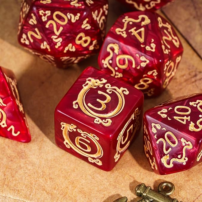 7-Die DND Dice Set Dragon Pattern Polyhedral Die with Leather Bag D&D Dice Set for RPG Table Games (Red W/Gold Dragon Pattern)