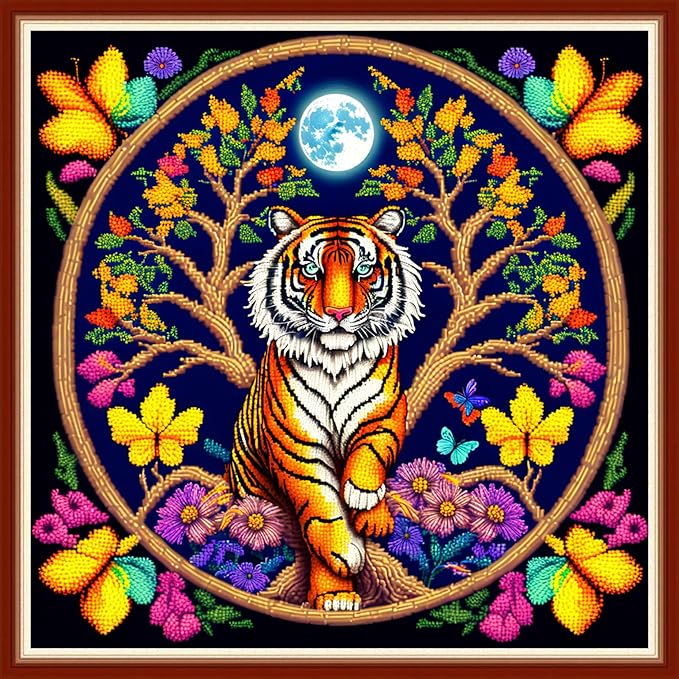Dimensean Stamped Cross Stitch Kits Full Range of Embroidery Patterns Starter Kits for Beginners Adult or Kids DIY Cross Stitches Needlepoint Kits 11CT-Tiger Wreath 17.7x17.7 inch