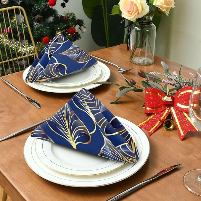 ALAZA Art Deco Floral Royal Blue & Gold Cloth Napkins Set of 4, 20x20 Inch Washable and Reusable Napkin for Decoupage Dinner Party Everyday Use