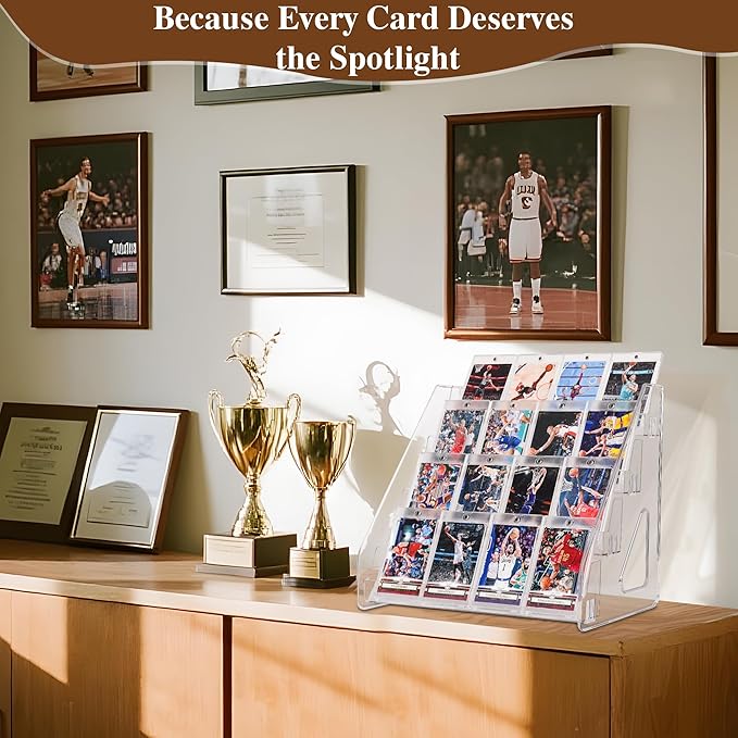 Elevated 4 Tier Clear Acrylic Card Display Stand for Trading Cards, Sports Cards, Greeting Cards, Stickers – Slanted Holder for PSA Slabs, Vendors, Collectors & Retail (4 Tier 1 Pack)