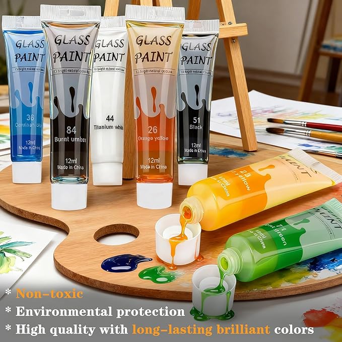 Magicdo Glass Paint Stained Transparent Glass Window Paint Set Great for Glass Painting, Wine Glasses, Light Bulbs, Ceramic, Non-Toxic, Waterproof, Halloween Art Decor(12 Colors x 12ml with Palette)