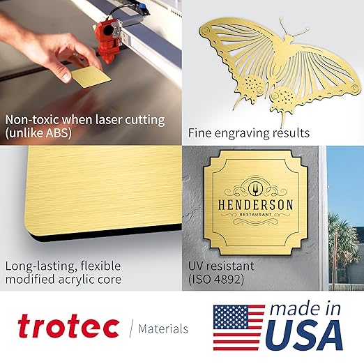 Trotec | Metallic Looking Acrylic Sheet | 12"x20"x1/16, 4 Pcs | Brushed Gold/Black | Metallic Finish - Scratch Resistant for Laser Engraving & Cutting,Printing,Glowforge,Name Plate | USA Made
