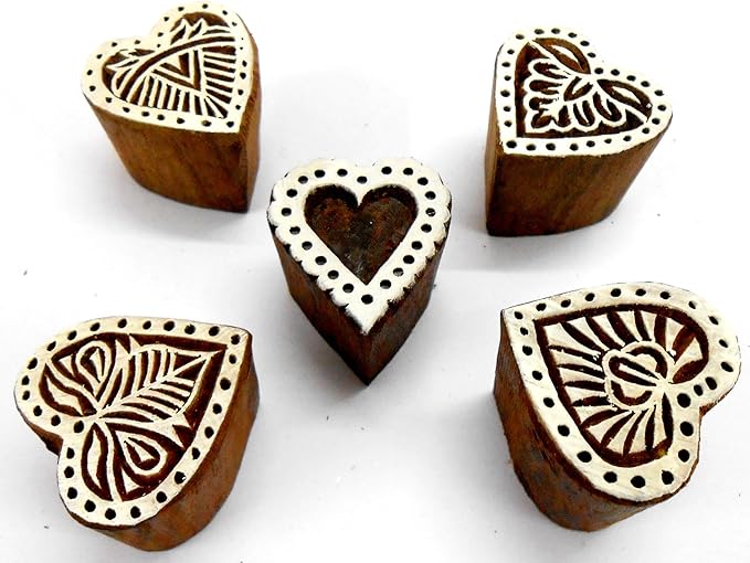 Stylish Romantic Five Hearts Wooden Blocks Stamps for Printing on Textiles, Pottery Crafts,Henna, Scrapbooking (Set of 5)