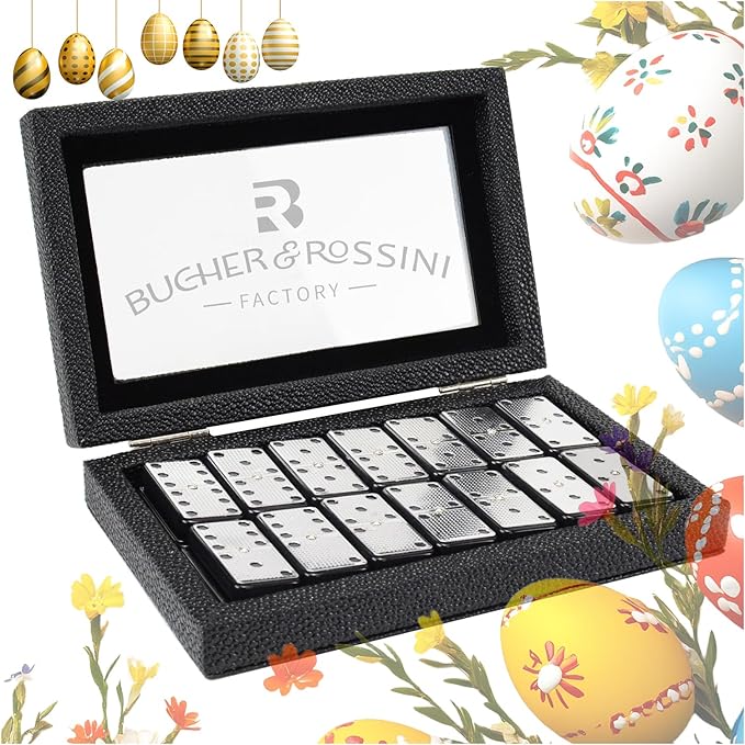 Bucher&Rossini Metal Surface Dominoes Set Double 6 - Classic Black Domino's Game Set with Silver Metal Surface for Adults and Kids Ideal Gift for Domino Players or Family Game Night