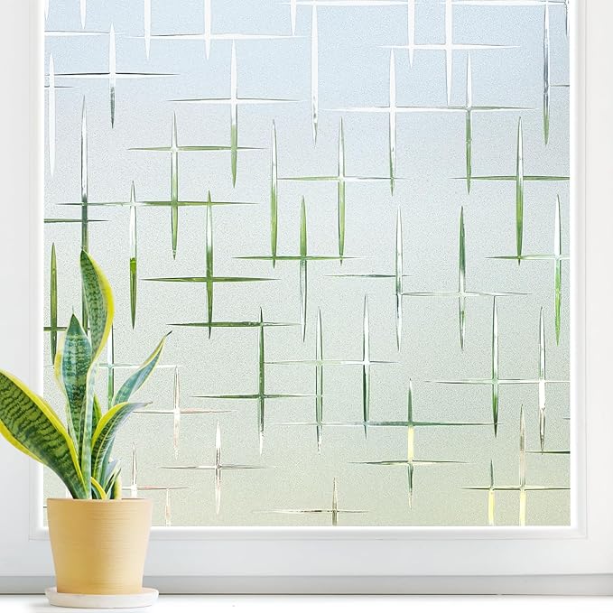 DOWELL Window Privacy Film Frosted Glass Window Film, Sun Blocking Non-Adhesive Glass Cling, Decorative Door Sticker, Self Static-Cling Tint Covering for Home Office, Cross Pattern 17.5" x 157.5"
