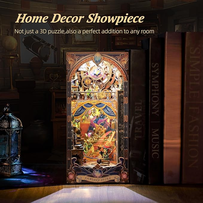 3D Wood Puzzle Book Nook Kit, Fantasy Store Bookshelf Insert with LED Lights, DIY Magical Miniature Bookend Décor for Display, Unique Craft Gift for Adults and Teens (Fantasy Store)
