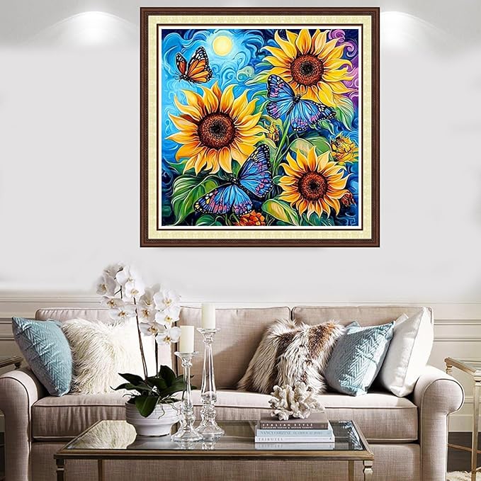 Findvoor Counted Cross Stitch Kits for Adults Full Range of Cross Stitching Embroidery Unprinted Pattern for Beginners, 11CT Needlepoint Kit Patterns Embroidery Kits-Sunflower Butterfly 18x18 inch
