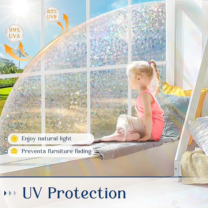 Haton Window Privacy Film, Rainbow Stained Glass Window Clings, 3D Decorative UV Sun Blocking Sticker, Removable Static Cling Heat Control Tint for Home Door, 23.6" x 78.7" Non-Adhesive