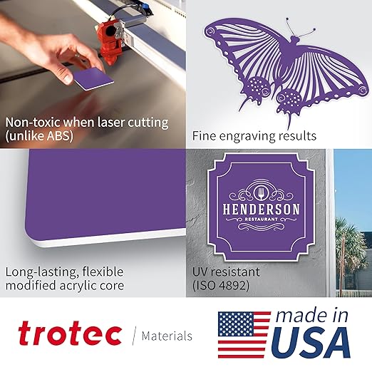 Trotec TroLase | 12"x24"x1/16", 4 Pcs | Purple/White | 2 Ply | Modified Acrylic | Laser Engraving Double Color Plastic Sheet | Engraving Blanks for Laser, Saw, Guillotine | Made in USA