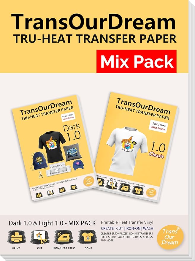 TransOurDream Heat Transfer Paper for Dark and Light Fabric (5+5 Sheets, 8.5x11, Mix Pack) Printable HTV Heat Transfer Vinyl for T Shirts Iron on Transfers for Inkjet Printer (D1L1)