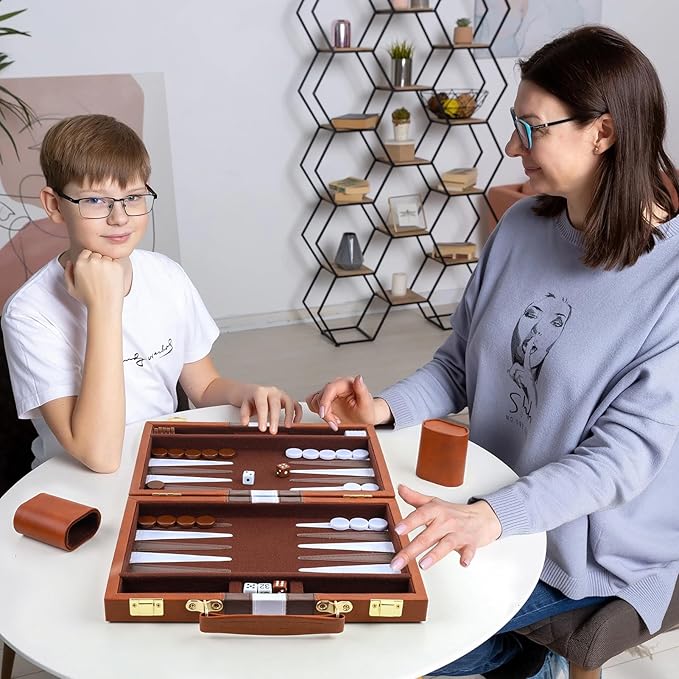 Backgammon Set 2 Players Classic Backgammon Sets for Adults Board Game with PU Leather Case Portable and Travel Backgammon Set (Brown, 15inch)