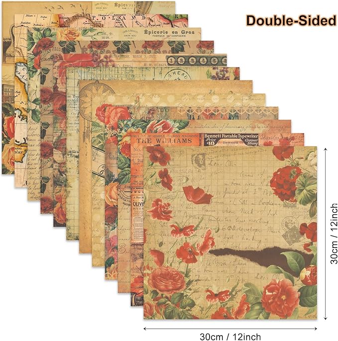 Vintage Scrapbook Paper 12 ×12 - 24Sheets Double-Sided Retro Rose Patterned Paper Junk Journaling Scrapbooking CardStock Papers Pad for Cardmaking DIY Origami Craft Papers.