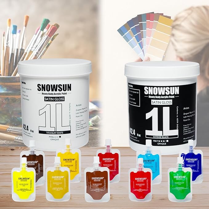 SNOWSUN Large Bulk Acrylic Paint Set,12 Color Heavy Acrylic Paints, Black & Titanium White1 L /42.4 oz Each, and 25ml*10 Pouch Small Set, Rich Pigments, Gloss Non-Toxic Thick Art Paints for Multi-Surface Canvas Wood Ceramic Fabric Wall- Ideal for Artis...