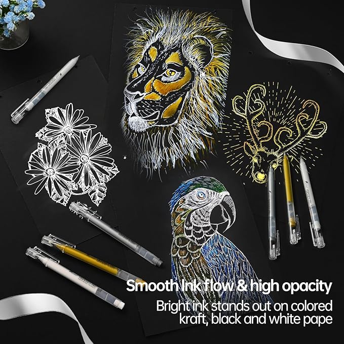 0.8mm Extra Fine Point 3 Colors Gel Pen Set White,Gold and Silver Gel Ink Pens for Artists Drawing on Black Paper, Sketching, Bullet Journaling & Holiday Crafts