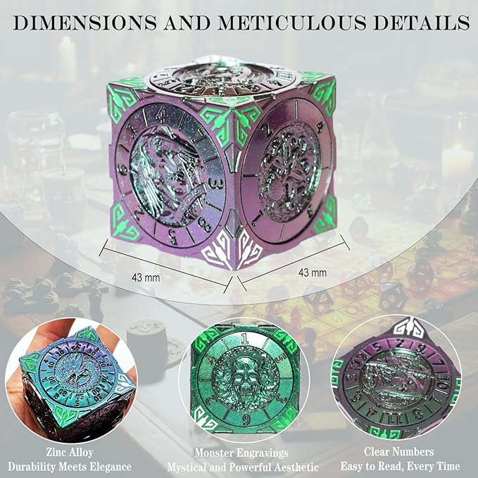 6 Sided Spinner DND Dice - Metal D4 D6 D8 D10 D10% D12 D20 All in One D&D Set - Cool Role Playing Gifts for Dungeons and Dragons TRPG MTG Games Lover Players Purple
