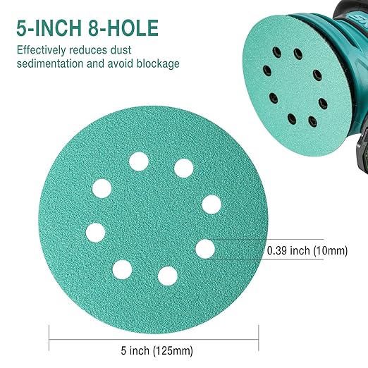 5-Inch 8-Hole Wet Dry Sanding Discs 400 Grit, Polyester Film Backed Heavy-Duty Hook and Loop Sandpaper for Random Orbital Sander, 50-Pack