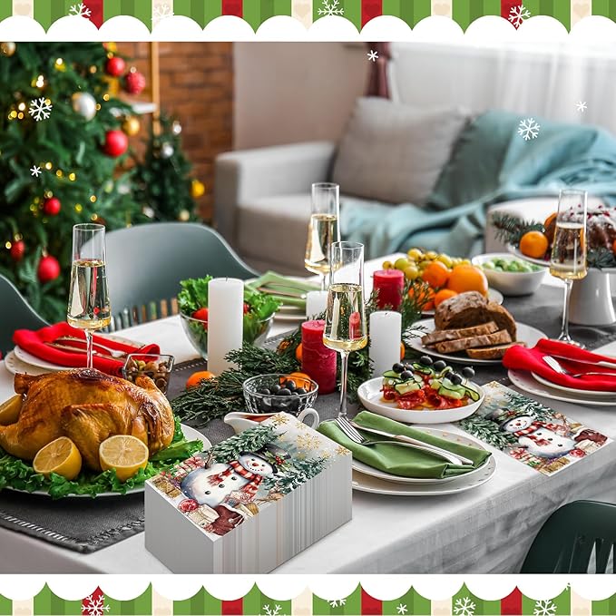 100 Pcs Christmas Guest Napkins 2 Ply Snowman Disposable Paper Napkins for Decoupage Snowflake Elk Xmas Tree Decorative Winter Christmas Cocktail Guest Hand Towel for Party Table Dinner Bathroom