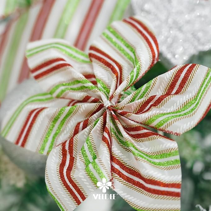 MEEDEE Red and Green Diagonal Striped Ribbon 2.5 Inch White Satin with Lime Green and Red Glitter Wired Ribbon for Christmas Tree, Garlands, Wreaths, Topper Bow (10 Yards)